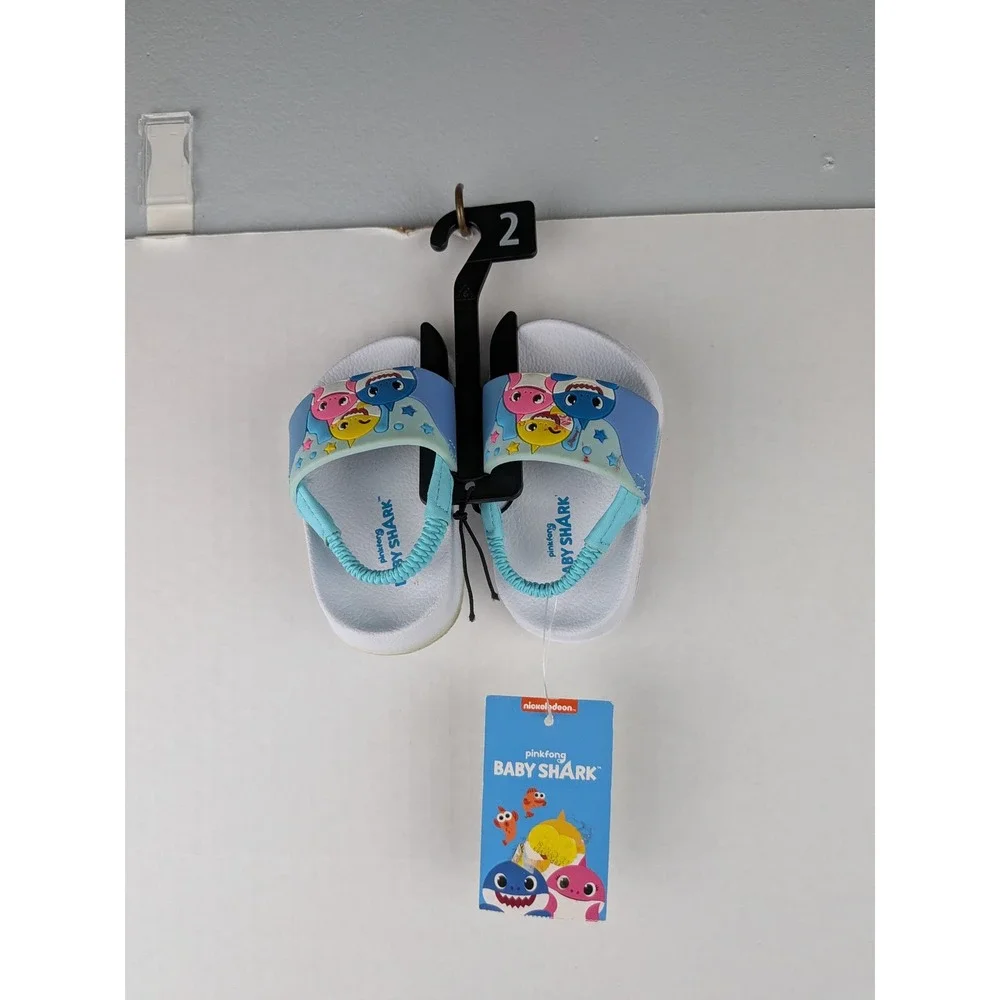 Baby Shark Infant Slide Sandals Blue White Elastic Back Strap Size 2
